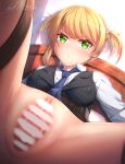  1girl :&lt; absurdres artist_name bangs bar_censor black_legwear blonde_hair blue_neckwear bottomless breasts censored eyebrows_visible_through_hair girls_frontline green_eyes highres looking_at_viewer medium_breasts milia_simohayha necktie pussy short_hair signature solo spread_legs spread_pussy thighhighs twitter_username two_side_up welrod_mk2_(girls_frontline) 