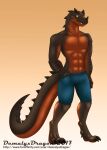  anthro black_body bottomwear ceratosaurid ceratosaurus clothed clothing cutoffs demalyxdragon denim denim_clothing dinosaur grim_(grimsaurus) hand_in_pocket looking_at_viewer male muscular muscular_anthro muscular_male orange_body pockets reptile scalie shorts solo text theropod topless url watermark 