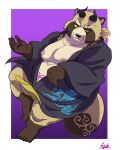  2021 anthro asian_clothing belly brown_body brown_fur canid canine clothing east_asian_clothing fundoshi fur gyobu happi_(clothing) hi_res horn humanoid_hands hysk japanese_clothing kemono male mammal moobs nipples overweight overweight_male raccoon_dog scar solo tanuki tokyo_afterschool_summoners underwear video_games 