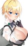  1girl absurdres bangs black_bra black_gloves blonde_hair blue_eyes blue_neckwear blush bow bow_bra bowtie bra breasts collared_shirt eyebrows_visible_through_hair girls_frontline gloves hair_between_eyes hair_ornament highres jacket lace-trimmed_bra lace_trim large_breasts load_bearing_vest looking_away mole mole_on_breast mole_under_eye myao_(o3o333) off_shoulder open_clothes open_mouth open_shirt see-through shirt short_hair sidelocks snowflake_hair_ornament striped striped_neckwear sweat taut_clothes taut_shirt tsurime underwear upper_body vsk-94_(girls_frontline) wet wet_clothes wet_shirt white_background white_shirt 