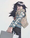  1boy black_hair black_pants blue_eyes briefcase casual child from_below highres holding holding_briefcase jewelry kaiba_mokuba leaning_back long_hair long_sleeves male_focus necklace nobou_(32306136) open_mouth pants shirt smile solo striped striped_shirt wind yu-gi-oh! yu-gi-oh!_duel_monsters 