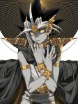  1boy absurdres atem black_hair cbow closed_mouth eyelashes fingernails grey_hair hands_up highres jewelry looking_at_viewer male_focus millennium_puzzle multicolored_hair orange_eyes smile solo spiked_hair spot_color yu-gi-oh! yu-gi-oh!_duel_monsters 