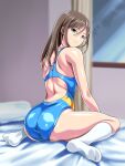  1girl ass blue_swimsuit blurry commentary_request competition_swimsuit curtains depth_of_field from_behind green_eyes hair_between_eyes light_brown_hair looking_at_viewer looking_back monteriakitto one-piece_swimsuit original pillow socks solo swimsuit white_legwear window 