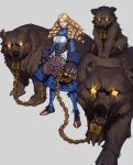  1girl bare_shoulders bear blonde_hair chain detached_sleeves drill glowing glowing_eyes goldilocks goldilocks_and_the_three_bears grey_background highres ian_su long_hair oversized_gloves parted_lips scar scar_across_eye simple_background smile standing 