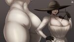  1girl absurdres alcina_dimitrescu artist_name ass black_hair breasts dress gradient gradient_background grey_background hand_on_hip hat_over_one_eye highres huge_breasts jmg large_breasts mature resident_evil resident_evil_village short_hair signature tight_dress 