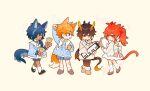  4boys absurdres animal_ears arm_up bangs bell black_hair blue_eyes blue_hair bow brown_hair cat_boy cat_ears cat_tail child closed_mouth dark_skin dark_skinned_male diluc_(genshin_impact) dragon_horns dragon_tail earrings eyebrows_visible_through_hair eyepatch fox_ears fox_tail frills from_behind genshin_impact hair_between_eyes highres holding holding_instrument horns instrument jacket jewelry kaeya_(genshin_impact) keyboard_(instrument) long_hair long_sleeves looking_at_another looking_at_viewer male_focus multicolored_hair multiple_boys musical_note notice_lines open_mouth orange_hair para049 ponytail red_eyes red_hair ribbon short_hair shorts simple_background single_earring smile tail tambourine tartaglia_(genshin_impact) tassel tassel_earrings wolf_ears wolf_tail yellow_eyes younger zhongli_(genshin_impact) 