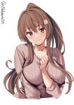  1girl arm_between_breasts between_breasts breasts brown_eyes brown_hair cowboy_shot ebifurya flower hair_flower hair_ornament highres kantai_collection large_breasts long_hair ponytail ribbed_sweater smile solo sweater twitter_username white_background yamato_(kantai_collection) 