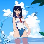  1girl :d bangs bare_shoulders black_eyes black_hair blue_sky cloud highres long_hair looking_at_viewer one-piece_swimsuit open_mouth original outdoors sailor_collar sky smile solo swimsuit unsomnus wading 