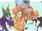  1boy alternate_costume bird black_feathers blackwing_blizzard_the_moon_shadow blackwing_gale_the_whirlwind blackwing_kalut_the_moon_shadow blue_eyes carrying_over_shoulder casual crow_hogan duel_monster facial_mark flying happy_birthday headband looking_at_viewer male_focus nobou_(32306136) orange_hair smile spiked_hair upper_body yu-gi-oh! 