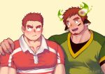  2boys absurdres animal_ears bara blush brown_eyes brown_hair couple cow_boy cow_ears cow_horns dark_skin dark_skinned_male facial_hair fiery_horns forked_eyebrows glowing_horns goatee green_shirt gunzo_(tokyo_houkago_summoners) hand_on_another&#039;s_shoulder highres horns looking_at_another male_focus multiple_boys muscular muscular_male open_mouth pectorals pout red_shirt rugby_uniform shirt short_hair simple_background smile spiked_hair sportswear thick_eyebrows tight_shirt tokyo_houkago_summoners upper_body wakan_tanka yang_geon 