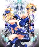  1boy 1girl bare_shoulders black_gloves blonde_hair blue_shirt blue_skirt boots burning_stone_(module) chain_necklace checkered checkered_skirt crop_top fingerless_gloves from_side gloves goggles goggles_on_head grin hair_ornament hair_scrunchie hand_on_hip headband highres jewelry kagamine_len kagamine_rin knee_boots lightning_stone_(module) looking_at_viewer necklace outstretched_arm pants parted_lips project_diva_(series) rettou_joutou_(vocaloid) scrunchie shirt short_hair sideways_glance skirt skull_print smile tank_top track_pants tyouya vocaloid white_background wrist_scrunchie 