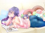  1girl ass ayumu_(ayumumkrg) bare_shoulders blue_eyes blue_hair braid breasts character_doll cleavage couch denim hair_intakes head_rest jeans kanon leg_up long_hair looking_at_viewer lying magazine minase_akiko no_bra on_stomach pants pillow pink_sweater ponytail reading smile socks solo stuffed_toy sweater tight tight_pants white_footwear 