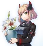  1girl armband azur_lane bangs black_jacket blonde_hair breasts buttons closed_mouth collared_shirt commentary double-breasted flower from_side green_eyes grey_shirt hair_between_eyes head_tilt highres holding holding_pot iron_cross jacket long_sleeves medium_breasts multicolored_hair orchid plant pot potted_plant red_hair roon shirt short_hair sidelocks smile solo standing streaked_hair umipro upper_body 