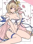  1girl bangs bare_shoulders bikini blonde_hair blue_eyes blue_ribbon blush breasts cleavage collarbone europa_(granblue_fantasy) flower granblue_fantasy hair_flower hair_ornament highres large_breasts ll_0109 looking_at_viewer ribbon short_hair sitting smile swimsuit thighs tiara wariza white_bikini 