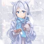  1girl blue_eyes blue_scarf blush braid buttons can coat eyebrows_visible_through_hair grey_coat highres holding holding_can kantai_collection long_hair long_sleeves mole mole_under_eye remodel_(kantai_collection) scarf silver_hair single_braid solo sugue_tettou twitter_username umikaze_(kantai_collection) upper_body 