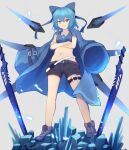  1girl alternate_costume ankle_boots belt black_shorts blue_bow blue_coat blue_eyes blue_footwear blue_hair blue_sports_bra boots bow cirno coat commentary_request crossed_arms detached_wings eyebrows_visible_through_hair flat_chest full_body gem gunbuster_pose hair_bow highres ice_crystal jacket jacket_on_shoulders kogane_ringo long_coat loose_belt mechanical_wings midriff multiple_belts multiple_swords navel planted_sword planted_weapon short_hair shorts solo sports_bra sword touhou weapon wings 