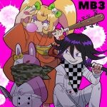  1boy 1girl arm_up bangs baseball_bat black_hair blonde_hair blush_stickers bow brown_eyes cat_hair_ornament checkered checkered_kimono checkered_scarf commentary danganronpa_(series) danganronpa_2:_goodbye_despair danganronpa_v3:_killing_harmony diaper feet_out_of_frame furukawa_(yomawari) green_bow grin hair_between_eyes hair_ornament hands_up highres holding holding_knife jacket japanese_clothes kimono knife long_hair long_sleeves monomi_(danganronpa) nail nail_bat obi orange_kimono ouma_kokichi pale_skin pants pink_background purple_eyes purple_hair saionji_hiyoko sash scarf shaded_face shiny shiny_hair short_hair smile straitjacket twintails white_background white_jacket white_pants 