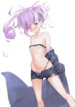  1girl absurdres ahoge bangs bare_shoulders blush breasts closed_mouth collarbone covered_nipples eyebrows_visible_through_hair eyes_visible_through_hair groin hair_over_one_eye highres looking_at_viewer navel original pola_(1021) purple_hair short_shorts shorts simple_background small_breasts solo standing topless underwear wavy_mouth white_background yellow_eyes 