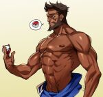  1boy abs archie_(pokemon) bara beard brown_hair commentary dark_skin dark_skinned_male english_commentary facial_hair hand_up holding holding_poke_ball male_focus muscular muscular_male na_insoo poke_ball poke_ball_(basic) pokemon pokemon_(game) pokemon_oras red_eyes shiny shiny_skin shirtless short_hair sketch solo spoken_object team_aqua upper_body 