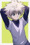  1boy arms_behind_head arms_up bangs blue_eyes blue_shirt border closed_mouth commentary eyebrows_visible_through_hair green_background hair_between_eyes highres hunter_x_hunter killua_zoldyck long_sleeves looking_to_the_side male_focus messy_hair outside_border purple_shirt sayshownen shirt short_hair short_over_long_sleeves short_sleeves simple_background solo t-shirt turtleneck twitter_username upper_body watermark white_border 