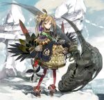  1girl animal_skull blonde_eyelashes blonde_hair bone cliff crown_hair_ornament fangs feathers gold gold_armor highres japanese_clothes kimono okama original red_legwear rock rope sandals scale_armor shimenawa thighhighs twintails weapon 
