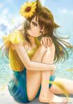  1girl animal_ears bangs blue_shorts breasts brown_hair cat_ears choker cleavage floating_hair flower hair_flower hair_ornament hand_on_own_knee hou_no_ka knee_up leg_hug long_hair looking_at_viewer nail_polish ocean original shirt short_shorts short_sleeves shorts sitting small_breasts solo sunflower sunflower_hair_ornament toenail_polish water yellow_eyes yellow_shirt 