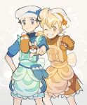  2boys apron arm_around_shoulder bangs barry_(pokemon) blonde_hair blush buttons closed_mouth commentary_request eyebrows_visible_through_hair grey_background grey_eyes hand_on_hip hat highres holding holding_poke_ball looking_at_viewer lucas_(pokemon) male_focus multiple_boys one_eye_closed orange_eyes orange_mittens poke_ball poke_ball_(basic) pokemon pokemon_(game) pokemon_dppt rata_(m40929) repeat_ball shiny shiny_hair short_sleeves smile teeth 