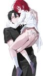  1boy 1girl androgynous ass ass_grab bangs black_hair black_pants black_shirt copyright_request dress freng hand_in_panties holding_another kneehighs looking_at_viewer looking_back looking_down pale_skin panties pants pointy_ears red_eyes red_hair scarf shirt shoes short_hair simple_background underwear white_background white_dress white_legwear yellow_eyes 
