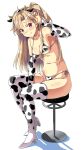  1girl alternate_costume animal_ears animal_print arm_warmers azur_lane bar_stool bikini blonde_hair blush boots breasts cleveland_(azur_lane) closed_mouth collarbone cow_ears cow_horns cow_print fake_animal_ears front-tie_top full_body hairband high_heel_boots high_heels highres horns looking_at_viewer macaroni_hourensou navel one_side_up ponytail print_bikini print_footwear red_eyes side-tie_bikini sitting small_breasts solo stool swimsuit thigh_boots thighhighs 