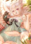  1girl ahoge animal_ears arm_up armpits bangs bare_shoulders black_cat book breasts cat cat_ears cleavage eyebrows_visible_through_hair fang flower grey_hair hair_between_eyes hair_ornament hair_ribbon hand_up hou_no_ka long_hair looking_at_viewer lying medium_breasts on_back open_mouth original purple_eyes red_ribbon ribbon short_shorts shorts skin_fang 