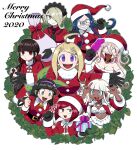  2020 6+girls :3 :d ahoge akamatsu_kaede alternate_costume bangs bare_shoulders belt bikini black_belt black_gloves blonde_hair blue_hair bow box breasts brown_eyes brown_hair chabashira_tenko christmas cleavage commentary danganronpa_(series) danganronpa_v3:_killing_harmony dark_skin dark_skinned_female dildo dress elbow_gloves frills fur-trimmed_dress fur-trimmed_headwear fur_trim furukawa_(yomawari) gift gift_box gloves green_eyes hair_ornament hair_over_one_eye hair_scrunchie hands_up happy harukawa_maki hat highres holding holding_dildo holding_sack iruma_miu jacket large_breasts leaf leaf_print long_hair long_sleeves low_twintails maid_headdress merry_christmas mittens multiple_girls navel open_clothes open_jacket open_mouth outstretched_arms purple_eyes red_bow red_dress red_eyes red_headwear red_scrunchie sack santa_costume santa_dress santa_hat scrunchie sex_toy sharp_teeth shell_necklace shiny shiny_hair shirogane_tsumugi short_hair simple_background skirt smile stomach swimsuit teeth toujou_kirumi twintails white_background white_bikini white_gloves white_skirt yonaga_angie yumeno_himiko 