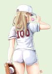  1girl ass automatic_giraffe bangs baseball baseball_cap baseball_jersey baseball_mitt baseball_uniform blonde_hair bubble_blowing choi_seol-hwa choi_seol-hwa_(cosplay) cosplay dated english_commentary from_behind green_background hand_on_headwear hat long_hair photo-referenced pointy_ears princess_zelda real_life red_eyes shorts solo sportswear the_legend_of_zelda white_shorts 