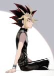  1boy arm_support belt black_hair black_pants black_shirt blonde_hair cbow closed_mouth commentary_request crossed_legs from_side grey_eyes highres male_focus multicolored_hair pants red_hair shirt sitting sleeveless sleeveless_shirt solo spiked_hair yami_yuugi yu-gi-oh! 