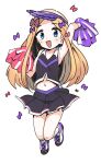  1girl :d abigail_williams_(fate/grand_order) arm_up bangs bare_shoulders bow cheerleader eyebrows_visible_through_hair fate/grand_order fate_(series) full_body hair_bow hand_up highres holding holding_pom_poms kneehighs lakilolom long_hair looking_at_viewer miniskirt navel open_mouth parted_bangs pink_bow pleated_skirt pom_pom_(clothes) pom_poms purple_bow purple_headwear simple_background skirt smile solo tank_top very_long_hair visor_cap white_background white_legwear 