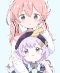  .live 2girls beret blush commentary_request genshin_impact hair_between_eyes hair_ornament hat height_difference hug hug_from_behind kitakami_futaba long_hair looking_at_another low_twintails multiple_girls pink_hair purple_eyes purple_hair qiqi twintails vanilla_itachi virtual_youtuber white_background 