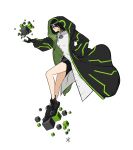  1girl alien apoloniodraws ben_10 black_eyes black_hair cube green_pupils highres miniskirt omnitrix short_hair skirt technology trench_coat upgrade_(ben_10) 