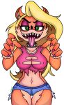  4chan absurd_res activision alpha_channel anthro bandicoot belly blonde_hair boleroofbooty bottomwear breasts clothed clothing collar crash_bandicoot_(series) female fur green_eyes hair hi_res mammal marsupial orange_body orange_fur sharp_teeth shirt shorts solo spiked_collar spikes tawna_bandicoot teeth tongue tongue_out topwear torn_clothing torn_shirt torn_topwear video_games 