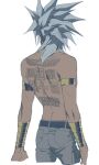  1boy armlet back_tattoo belt commentary_request cowboy_shot dark_skin dark_skinned_male earrings from_behind grey_hair jewelry long_hair male_focus marik_ishtar nobou_(32306136) pants shirtless shoulder_blades sketch solo spiked_hair tattoo white_background yu-gi-oh! 