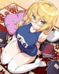  1girl blonde_hair blue_bow blue_eyes blush book bow breasts bullet cleavage closed_mouth collarbone covered_navel cushion dd_(ijigendd) eyebrows_visible_through_hair glasses green_eyes hair_bow hair_ornament hat highres i-8_(kantai_collection) kantai_collection large_breasts long_hair looking_at_viewer low_twintails name_tag one-piece_swimsuit peaked_cap pillow red-framed_eyewear rug school_swimsuit semi-rimless_eyewear sitting skin_tight skindentation smile solo swimsuit thigh_gap thighhighs thighs tri_tails twintails under-rim_eyewear wariza white_legwear 