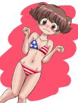  1girl alisa_(girls_und_panzer) american_flag_bikini ass_visible_through_thighs bangs bikini blush breasts brown_eyes brown_hair clenched_hands closed_mouth commentary_request dutch_angle english_commentary eyebrows_visible_through_hair flag_print freckles frown girls_und_panzer hair_ornament looking_at_viewer navel partial_commentary short_hair short_twintails small_breasts solo standing star_(symbol) star_hair_ornament swimsuit takahashi_kurage thigh_gap twintails v-shaped_eyebrows w_arms 