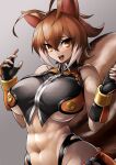  1girl abs animal_ears antenna_hair blazblue breasts brown_eyes brown_hair fingerless_gloves gloves grey_background large_breasts makoto_nanaya midriff muscular muscular_female navel orange_skirt simple_background skirt sowel_(sk3) squirrel_ears squirrel_girl squirrel_tail tail toned underboob 