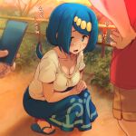  1girl blue_eyes blue_footwear blue_hair blue_skirt blush breasts cleavage collarbone commentary_request ero_kaeru fence grass hands_together holding holding_phone lana&#039;s_mother_(pokemon) long_hair mature no_sclera open_mouth outdoors phone pokemon pokemon_(anime) pokemon_sm_(anime) sandals shirt short_sleeves skirt smile solo squatting sweatdrop toes tongue translation_request 