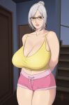  1girl arms_behind_back bangs bare_shoulders black-framed_eyewear breasts brown_eyes cameltoe cleavage collarbone commission cowboy_shot curvy door fat_mons glasses hair_bun highres indoors large_breasts lips looking_at_viewer lunasanguinis midriff parted_bangs parted_lips pink_shorts prison_school shiraki_meiko short_shorts shorts sidelocks silver_hair solo stairs standing tank_top thighs yellow_tank_top 