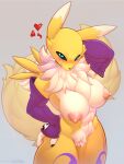  &lt;3 2021 anthro arm_warmers armwear big_breasts black_sclera blue_eyes blush breasts clothing conditional_dnp digimon digimon_(species) female fur hi_res nipples renamon scappo simple_background solo yellow_body yellow_fur 