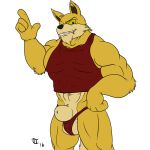  1:1 2016 4_fingers abs animal_genitalia anthro balls clothed clothing fingers fully_sheathed fur genitals hubert_ellis_(neopets) jumpstart_games looking_at_viewer lupe_(neopets) male muscular muscular_anthro muscular_male neopet_(species) neopets partially_clothed pecs red_clothing red_shirt red_topwear red_underwear sheath shirt simple_background smile solo tank_top terrykurosu tight_clothing topwear underwear video_games white_background yellow_body yellow_fur 