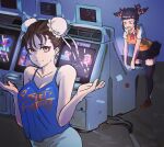  2girls 6maker absurdres alternate_costume angry arcade arcade_cabinet black_hair black_skirt breasts brown_eyes brown_hair bun_cover camisole casual chun-li cleavage clothes_writing double_bun excalibur_face han_juri highres looking_at_viewer medium_breasts multiple_girls playing_games pleated_skirt short_hair shrugging skirt street_fighter street_fighter_ii_(series) sweater_vest thighhighs w_arms zettai_ryouiki 
