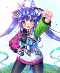  1girl @_@ animal_ears bangs black_legwear blue_hair clenched_hand cowboy_shot eyebrows_visible_through_hair gradient_hair hand_on_hip horse_ears horse_tail multicolored_hair purple_eyes sharp_teeth solo standing tail takeponi teeth twin_turbo twintails umamusume 