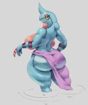  amphibian anthro big_breasts big_butt blue_body breasts butt clothed clothing drawfruit female horn looking_at_viewer looking_back nintendo pok&eacute;mon pok&eacute;mon_(species) simple_background smile solo teeth thick_thighs topless toxicroak video_games water wide_hips yellow_sclera 