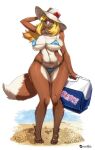  anthro beach big_breasts bikini blonde_hair blue_eyes breasts brown_body brown_fur camel_toe canid canine canis clothed clothing collie curvy_figure domestic_dog erect_nipples female fur hair hat headgear headwear herding_dog hi_res ice_chest kamina1978 mammal mitsy_fields_(~wsad~) nipples pastoral_dog pinup pose rough_collie seaside sheepdog solo swimwear wide_hips 