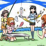  +++ 4girls :d ahoge akiyama_yukari bangs black_hair black_shorts blue_legwear blue_shirt blue_sky blunt_bangs brown_hair camisole casual closed_eyes cloud cloudy_sky commentary day fish fishing_rod folding_table girls_und_panzer green_legwear hair_up holding holding_fishing_rod holding_knife holding_scissors isuzu_hana jaw_drop kneeling knife kogane_(staygold) long_hair looking_at_another lowres messy_hair motion_lines multiple_girls nishizumi_miho off-shoulder_shirt off_shoulder open_mouth orange_hair orange_shorts outdoors pink_shirt ponytail scissors shadow shirt short_hair short_sleeves shorts sky smile socks sparkle standing stream suspender_shorts suspenders sweatdrop t-shirt takebe_saori twitter_username yellow_shirt 